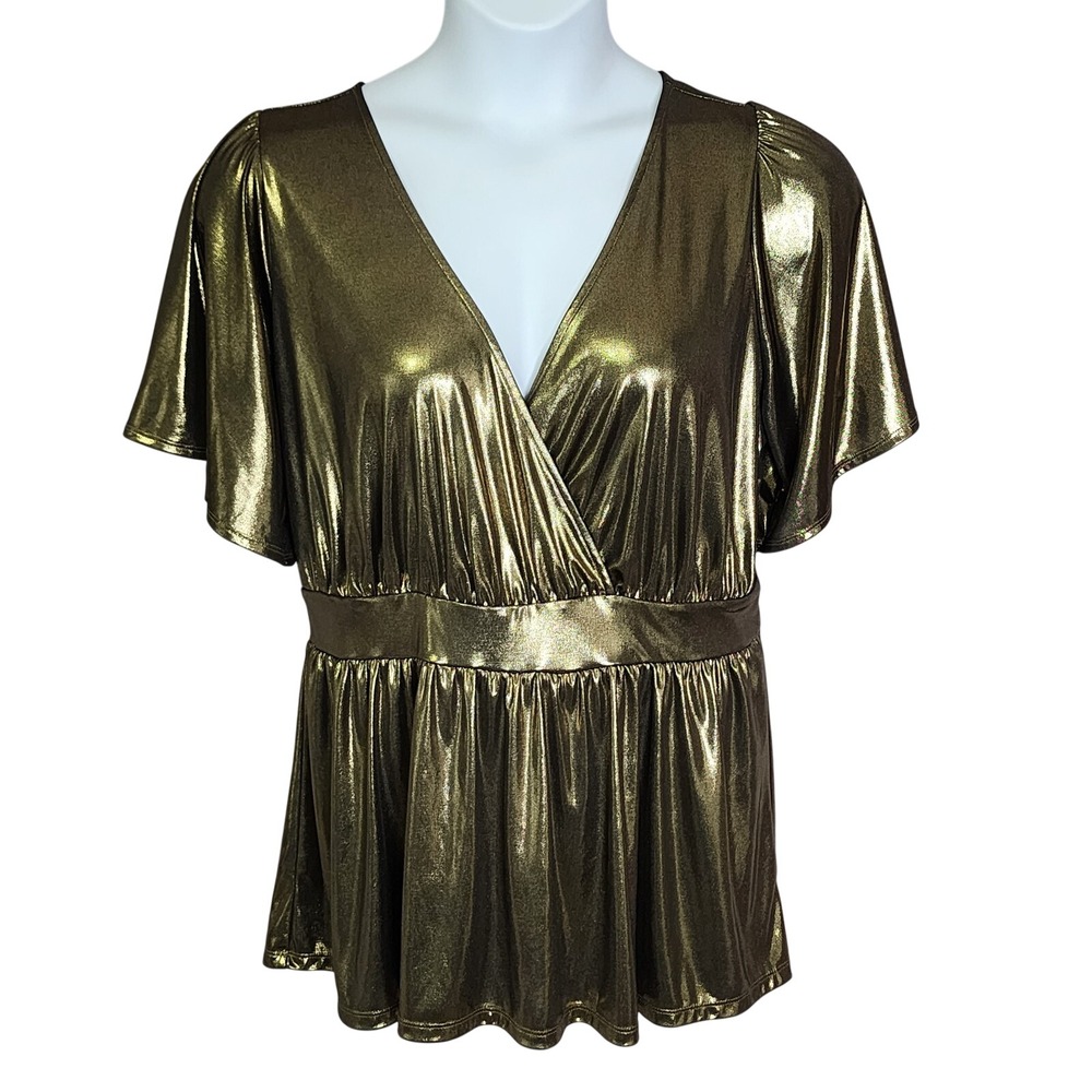Torrid Liquid Shine Surplice Peplum Top Blouse Gold Plus Size 1 1X (16W-18W)